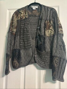 Sandy Starkman Women's Grey Patchwork Knit Cardigan Sweater